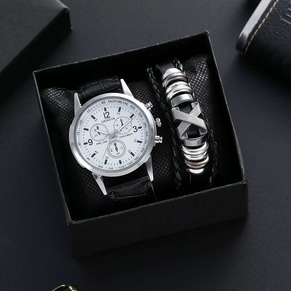 Alloy Shell Imitation Leather Strap Men's Leisure Quartz Watch With Round Dial And Blue Light Twopiece Set