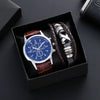 Alloy Shell Imitation Leather Strap Men's Leisure Quartz Watch With Round Dial And Blue Light Twopiece Set