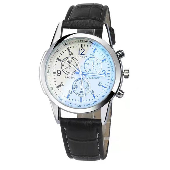 Alloy Shell Imitation Leather Strap Men's Leisure Quartz Watch With Round Dial And Blue Light Twopiece Set