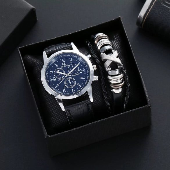 Alloy Shell Imitation Leather Strap Men's Leisure Quartz Watch With Round Dial And Blue Light Twopiece Set