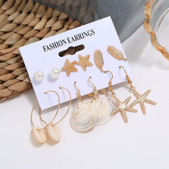 Alloy Shell Starfish Scallop Star Leaf Pearl Electroplating Women's Earrings