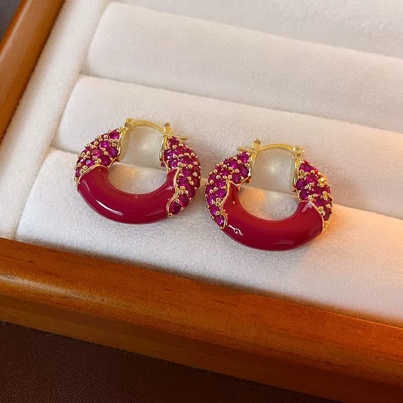 Alloy Silver Needle Ankora Red Drop Oil Heart Shape Dripping Oil Women's Elegant High End Sense Earrings