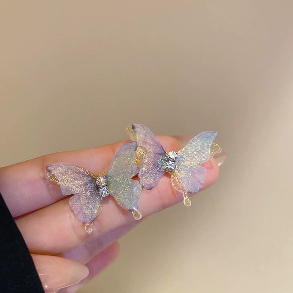 Alloy Silver Needle Blue Butterfly Animal Shaped Earrings Set With Diamonds For Women Artistic Small Fresh Elegant High End Light Luxury