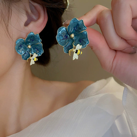Alloy Silver Needle Blue Butterfly Animal Shaped Earrings Set With Diamonds For Women Artistic Small Fresh Elegant High End Light Luxury