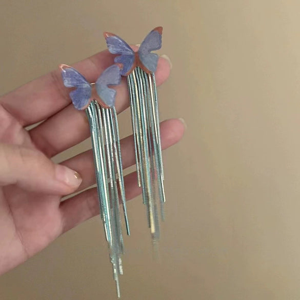 Alloy Silver Needle Blue Butterfly Animal Shaped Earrings Set With Diamonds For Women Artistic Small Fresh Elegant High End Light Luxury
