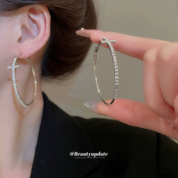 Alloy Silver Needle Diamond Cross Round Earrings For Women Retro Fashion Light Luxury