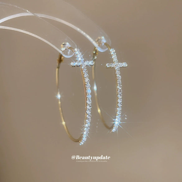 Alloy Silver Needle Diamond Cross Round Earrings For Women Retro Fashion Light Luxury
