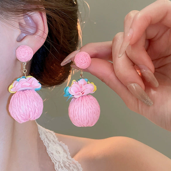 Alloy Silver Needle Flower Mesh Tassel Earrings With Electroplating For Women Fresh And Sweet Flower Shaped Design