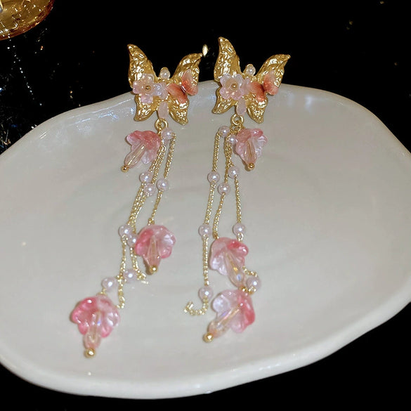 Alloy Silver Needle Flower Mesh Tassel Earrings With Electroplating For Women Fresh And Sweet Flower Shaped Design