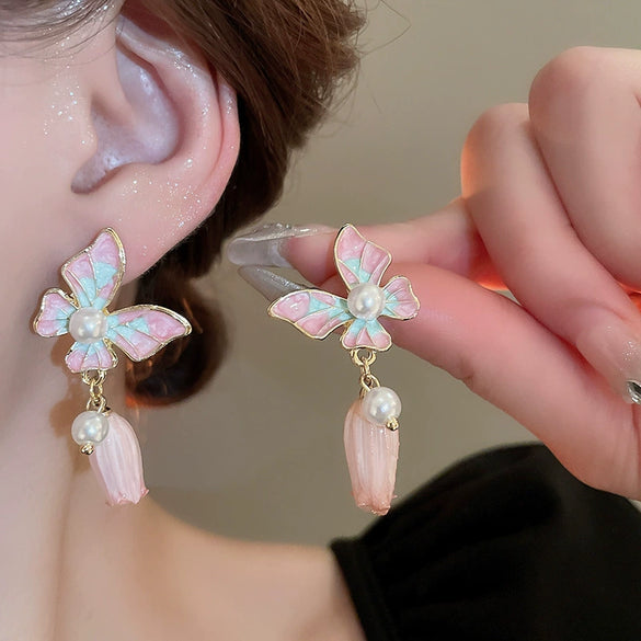 Alloy Silver Needle Flower Mesh Tassel Earrings With Electroplating For Women Fresh And Sweet Flower Shaped Design