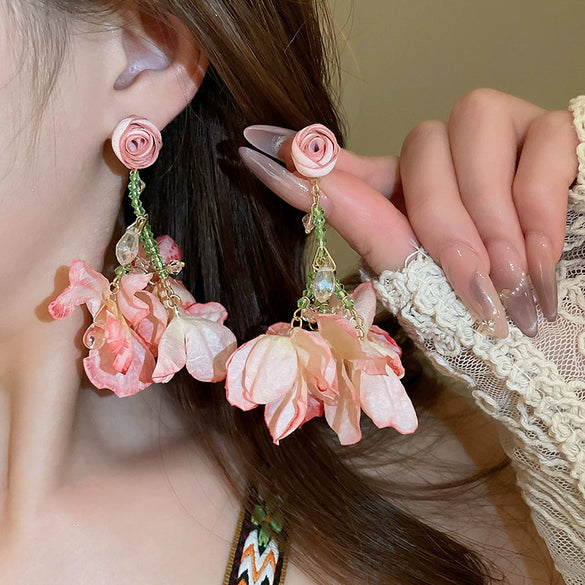 Alloy Silver Needle Flower Mesh Tassel Earrings With Electroplating For Women Fresh And Sweet Flower Shaped Design