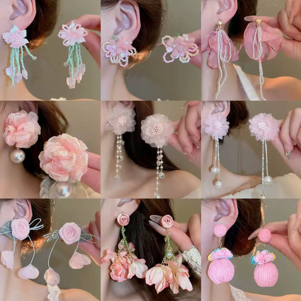Alloy Silver Needle Flower Mesh Tassel Earrings With Electroplating For Women Fresh And Sweet Flower Shaped Design