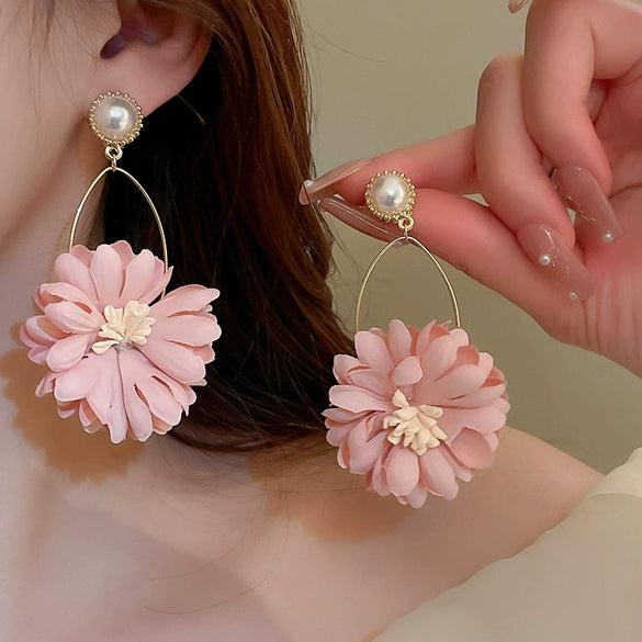 Alloy Silver Needle Flower Mesh Tassel Earrings With Electroplating For Women Fresh And Sweet Flower Shaped Design