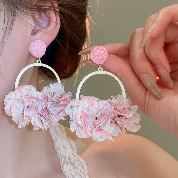 Alloy Silver Needle Flower Mesh Tassel Earrings With Electroplating For Women Fresh And Sweet Flower Shaped Design