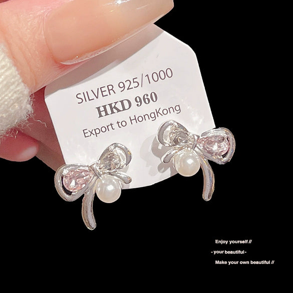 Alloy Silver Needle Inlaid Diamond Pearl Bow Electroplating Women's Sweet And Cute Earrings
