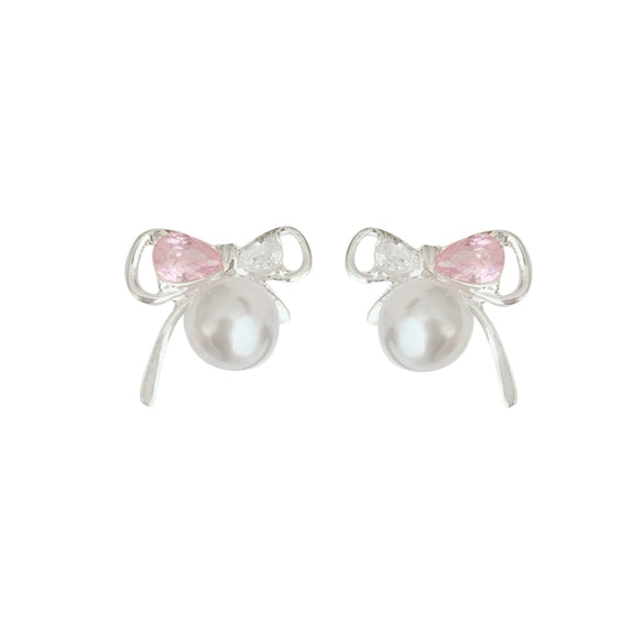 Alloy Silver Needle Inlaid Diamond Pearl Bow Electroplating Women's Sweet And Cute Earrings