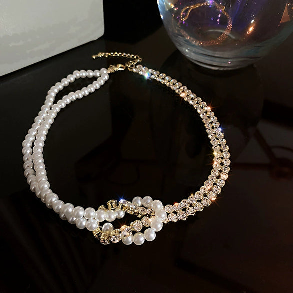 Alloy Silver Needle Inlaid With Diamonds And Pearls Double Circle Heart Earrings Electroplated For Women