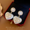 Alloy Silver Needle Inlaid With Diamonds And Pearls Double Circle Heart Earrings Electroplated For Women