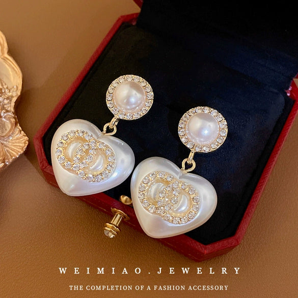 Alloy Silver Needle Inlaid With Diamonds And Pearls Double Circle Heart Earrings Electroplated For Women