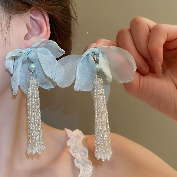 Alloy Silver Needle Tulle Flower Tassel Earrings With Flower Shape Electroplating For Women
