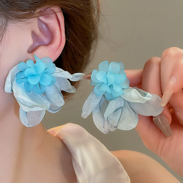 Alloy Silver Needle Tulle Flower Tassel Earrings With Flower Shape Electroplating For Women