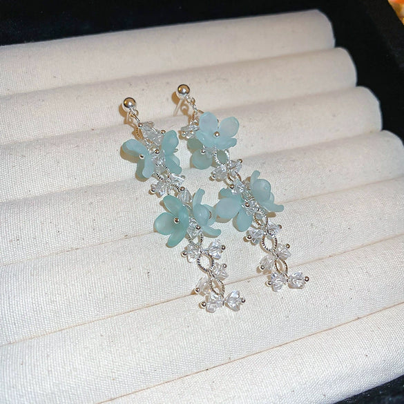 Alloy Silver Needle Tulle Flower Tassel Earrings With Flower Shape Electroplating For Women
