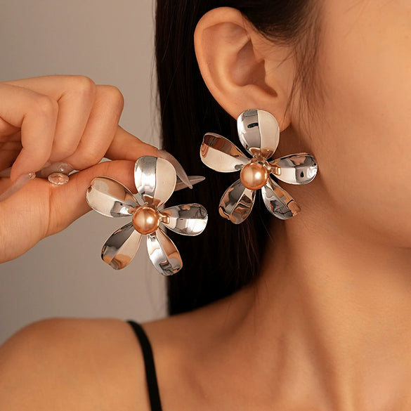 Alloy Silver Needle Tulle Flower Tassel Earrings With Flower Shape Electroplating For Women