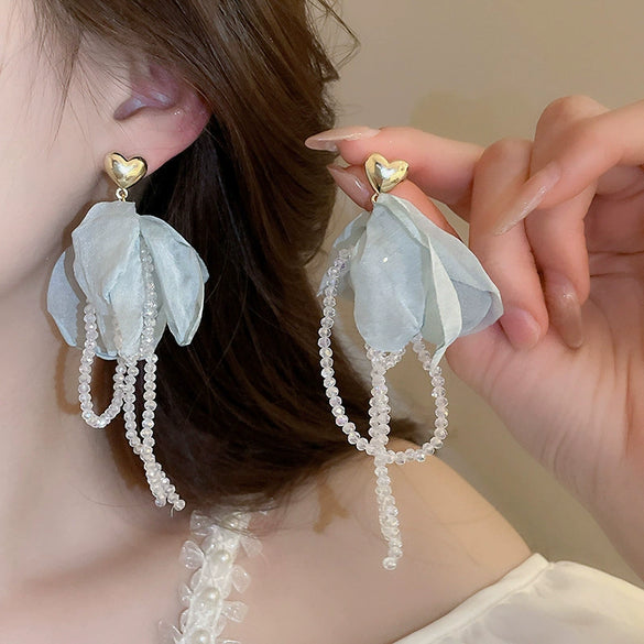Alloy Silver Needle Tulle Flower Tassel Earrings With Flower Shape Electroplating For Women