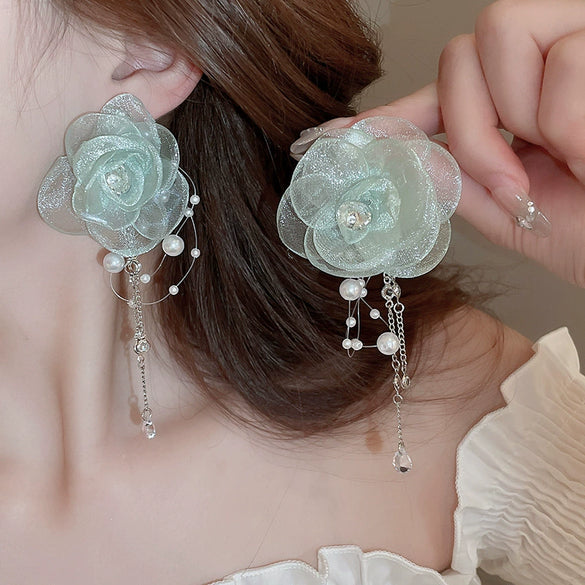 Alloy Silver Needle Tulle Flower Tassel Earrings With Flower Shape Electroplating For Women
