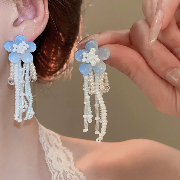 Alloy Silver Needle Tulle Flower Tassel Earrings With Flower Shape Electroplating For Women