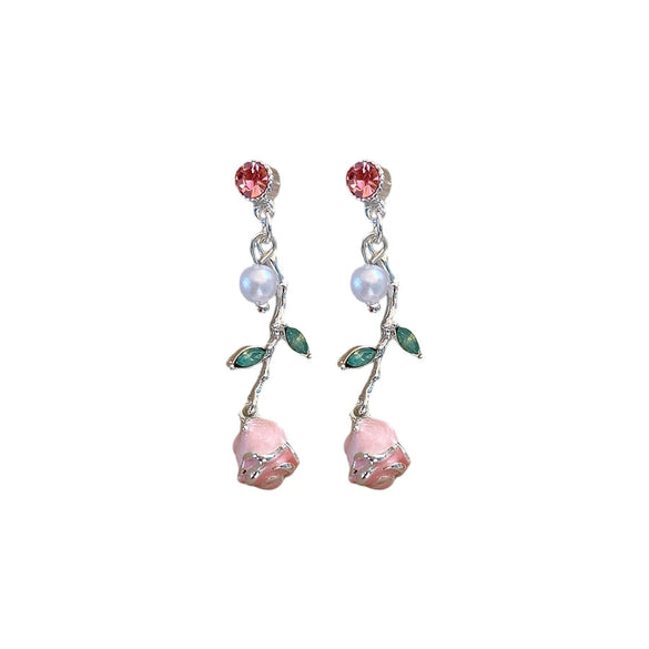 Alloy Silver Pink Rose Enamel Electroplating Geometric Flower Drop Earrings For Women
