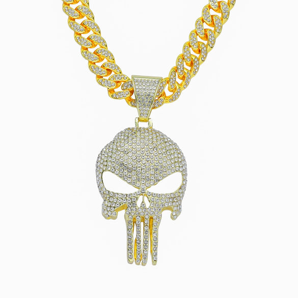 Alloy Skull Pendant Diamond Cuban Chain Men's Hip Hop Jewelry With Geometric Pattern