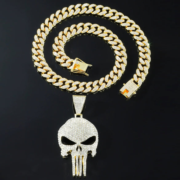 Alloy Skull Pendant Diamond Cuban Chain Men's Hip Hop Jewelry With Geometric Pattern