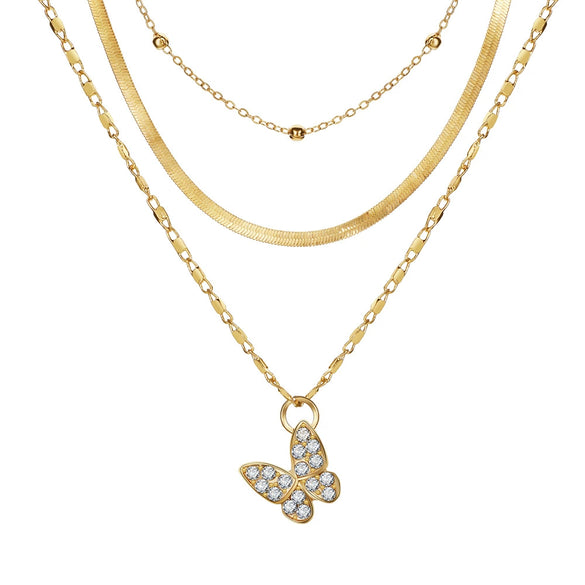 Alloy Snake Bone Chain With Retro Diamond Butterfly Pendant And Mixed Gem Inlay