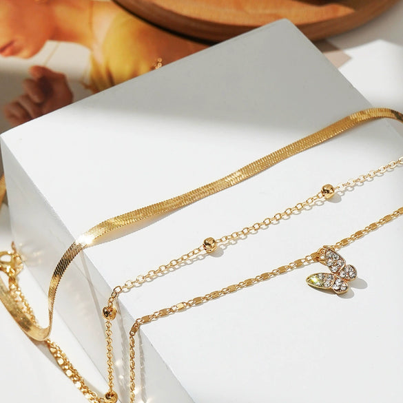 Alloy Snake Bone Chain With Retro Diamond Butterfly Pendant And Mixed Gem Inlay