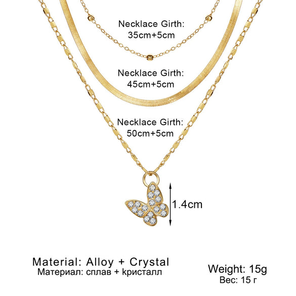 Alloy Snake Bone Chain With Retro Diamond Butterfly Pendant And Mixed Gem Inlay