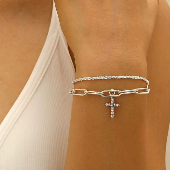 Alloy Sparkling Water Wave Chain Necklace Bracelet With Cross Crown Roman Numerals Pendant Electroplated Women's Jewelry