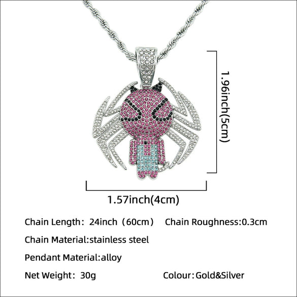 Alloy Spidershaped Diamond Pendant Necklace With Twist Chain Hiphop Style For Men And Women