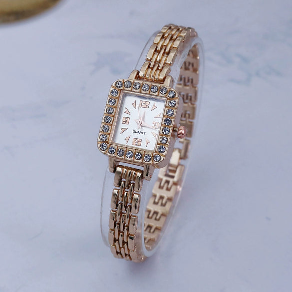 Alloy Square Bracelet Watch For Ladies Tweed Style Single Folding Buckle Rose Gold Buckle Ordinary Glass Mirror Spiral Crown