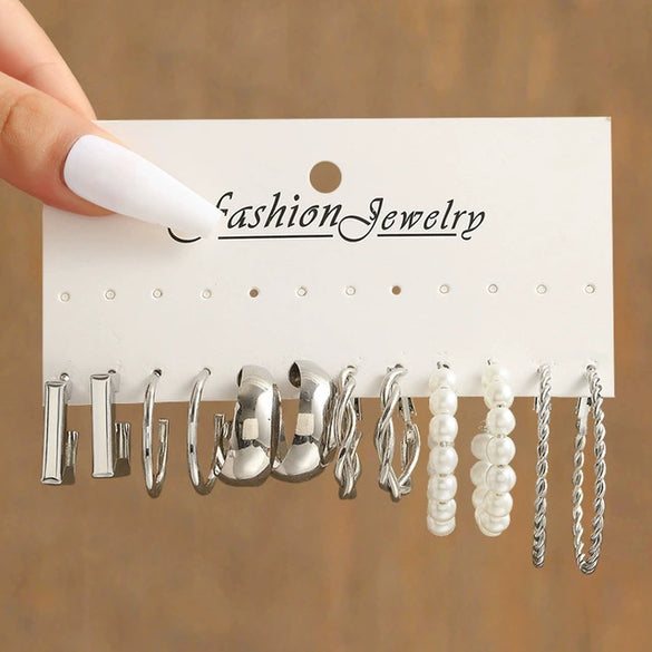 Alloy Square Geometric Electroplated Earrings Set With Vintage Pearl Card Design