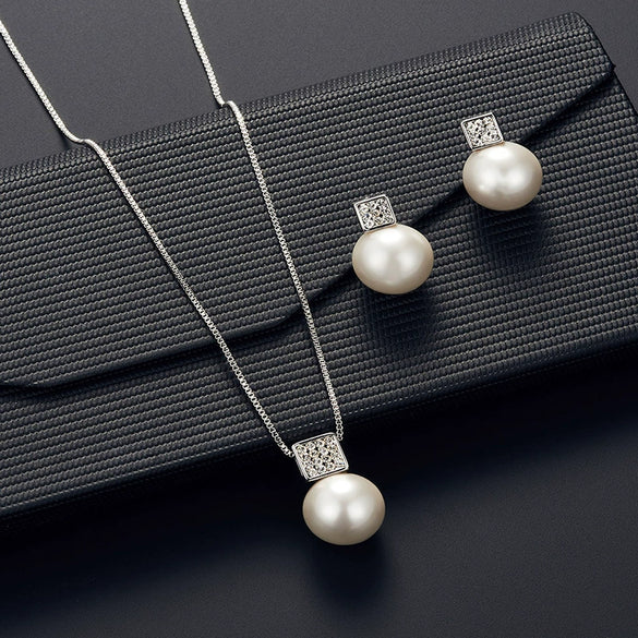 Alloy Square Pearl Jewelry Set With Diamond Inlaid For Women
