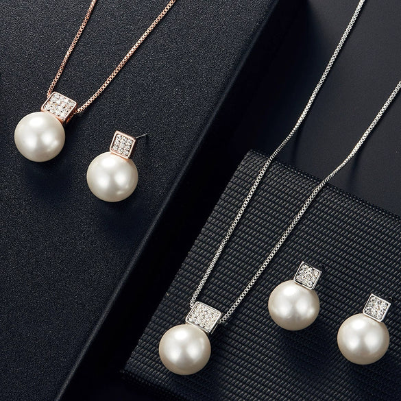 Alloy Square Pearl Jewelry Set With Diamond Inlaid For Women