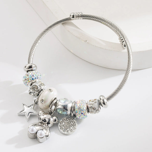 Alloy Stainless Steel Bear Star Round Bracelet Set With Diamonds Simple Style Unisex