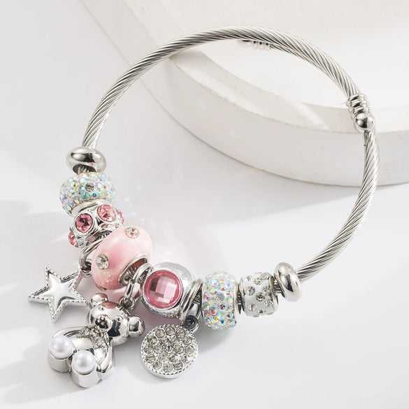 Alloy Stainless Steel Bear Star Round Bracelet Set With Diamonds Simple Style Unisex