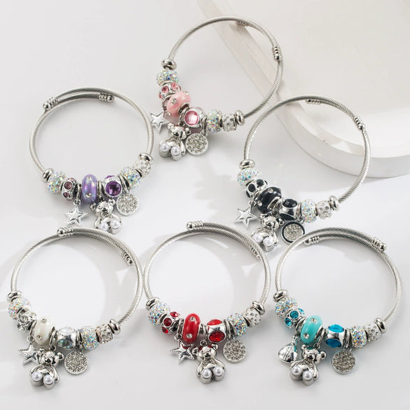 Alloy Stainless Steel Bear Star Round Bracelet Set With Diamonds Simple Style Unisex