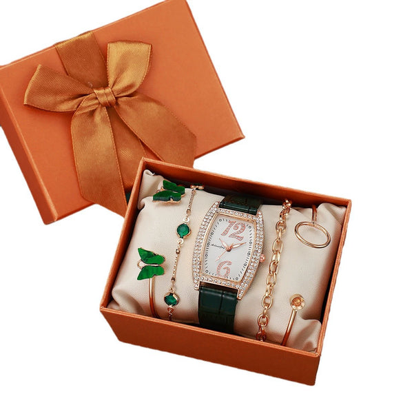 Alloy Stainless Steel Square Rhinestone Quartz Watch And Butterfly Diamond Bracelet Set For Ladies