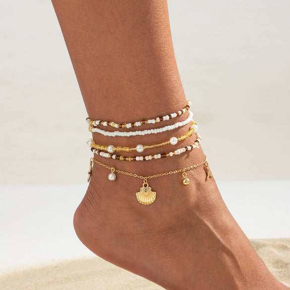 Alloy Starfish Pendant Shell Anklet Vacation Style Beaded Ankle Chain Set For Women