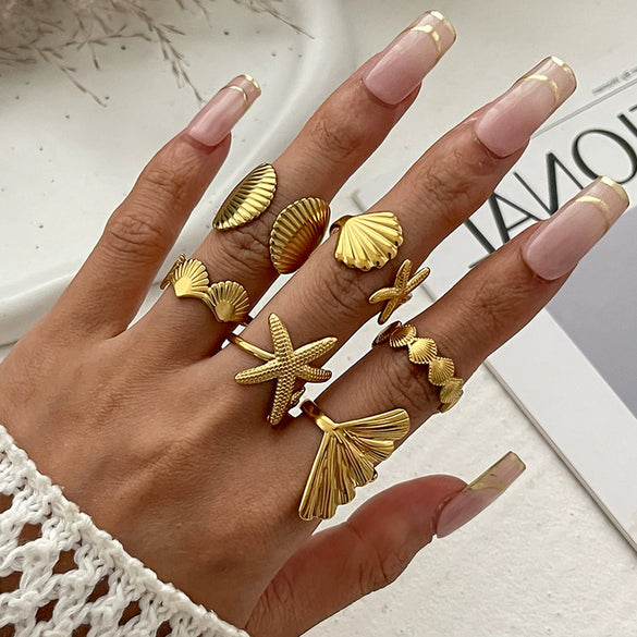 Alloy Starfish Scallop Shell Imitation Pearl Ring Set Electroplated For Women Minimalist Style