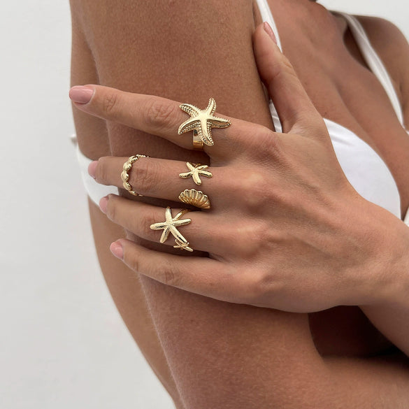 Alloy Starfish Scallop Shell Imitation Pearl Ring Set Electroplated For Women Minimalist Style