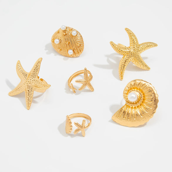 Alloy Starfish Scallop Shell Imitation Pearl Ring Set Electroplated For Women Minimalist Style